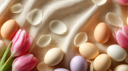 A warm and inviting flat lay featuring a collection of natural and pastel Easter eggs, vibrant pink tulips, and delicate petals scattered on a textured neutral linen fabric, perfect for cozy lifestyle blogs, spring holiday marketing campaigns, and elegant greeting cards.の素材