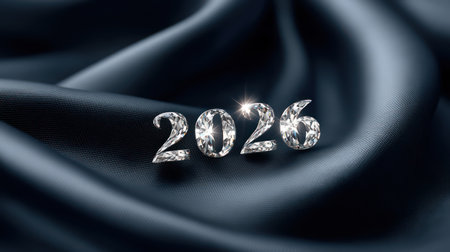 Sparkling diamond-encrusted 2023 numbers on luxurious blue silk fabric with dramatic lighting.の素材