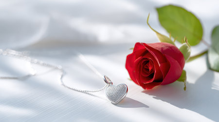 Close-up of a sparkling silver heart-shaped pendant necklace lying beside a vibrant red rose on a textured white surface with soft natural lighting. Perfect for jewelry brands, romantic gifts, or luxury lifestyle content. Evokes passion, elegance, and timeless romance. Ideal for Valentines Day campaigns, bridal collections, or fine jewelry marketing. Reflects 2025-2026 trends in quiet luxury, emotional branding, and tactile aesthetics.の素材