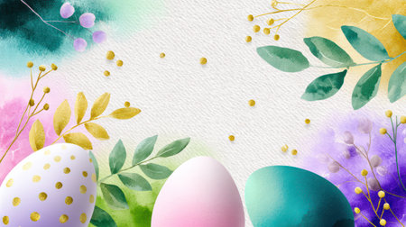 A dense, full-frame composition of watercolor Easter eggs and stylized spring flowers in rich pastel tones, accented with gold glitter and a soft watercolor wash background. This vibrant pattern is ideal for full-bleed backgrounds, festive wallpaper, wrapping paper, and abstract spring textures.の素材