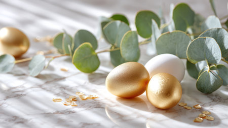 A luxurious and modern close-up of golden and white Easter eggs on a white marble background, accented by a fresh eucalyptus branch, perfect for high-end marketing, sophisticated blogs, and elegant spring presentations.の素材
