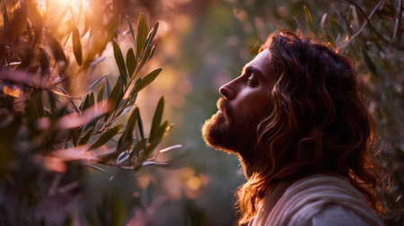 A serene depiction of Jesus Christ in a garden at sunrise, with gentle light filtering through the olive leaves, symbolizing prayer and contemplationの素材