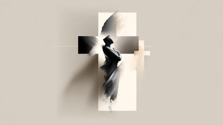 An abstract, brushstroke-style silhouette of a person in prayer is depicted beside a dark cross against a neutral background.の素材