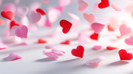 Dreamy composition of soft-focus pink and red heart-shaped confetti appearing to float against a bright white background. Perfect for Valentines Day, wedding announcements, or celebratory marketing. Evokes joy, fun, and lighthearted romance. Ideal for social media graphics, greeting cards, or digital banners. Aligns with 2025-2026 trends in whimsical minimalism, motion-inspired stills, and emotional engagement.の素材