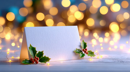 An empty white textured greeting card decorated with fresh holly leaves and red berries against golden bokeh lights background.の素材