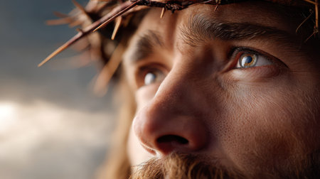 Majestic portrait of Jesus Christ wearing crown of thorns with blue eyes against dramatic heavenly cloud background.の素材