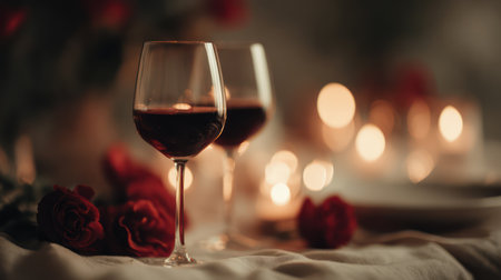 An intimate and warm close-up of a romantic dinner table set for two, featuring two glasses of red wine, red roses, and a soft, blurred background of golden candlelight bokeh, perfect for restaurant promotions, date night invitations, and romantic holiday marketing.の素材