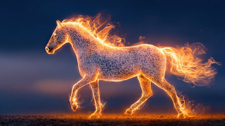 Spectacular running horse made entirely of fire and flames in dramatic digital fantasy art style.の素材