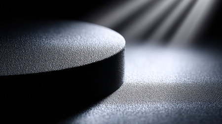high-contrast image showcasing a sleek, matte black cylindrical product podium or pedestal. The scene is set in a dark, minimalist studio, dramatically illuminated from above by a cool, blueish-white spotlight. The intense light creates strong reflections and highlights on the surface, emphasizing the product's form. Perfect for e-commerce mockups, luxury brand advertising, technology product launches, and dark mode design backgrounds. This image captures the Dark Moody Aesthetic and Minimalist trends, conveying sophistication and high-tech elegance.の素材