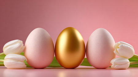 A clean, minimalist composition featuring a single golden Easter egg next to a bouquet of white tulips on a soft pink background, perfect for elegant product photography, sophisticated holiday promotions, and chic spring design templates.の素材