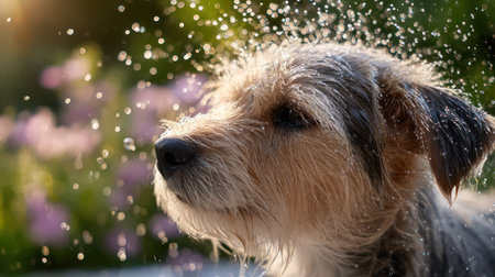 A joyful and playful close-up capturing a happy, light brown dog being bathed outdoors, with a refreshing splash of water and soap suds on its head, surrounded by floating bubbles and warm sunlight bokeh, perfect for pet care product marketing, veterinary blogs, and family lifestyle content.の素材