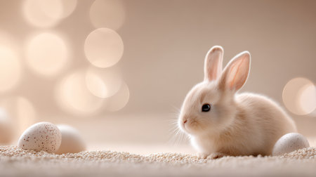 Adorable white baby rabbit sits next to minimalist Easter eggs on a soft beige background with gentle bokeh lights.の素材