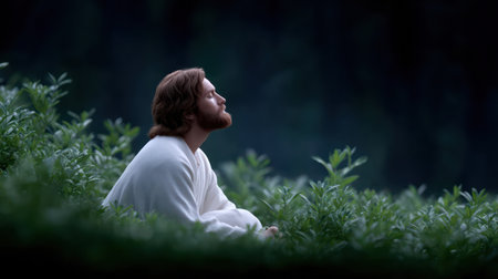 Jesus Christ kneeling in prayer at night in the Garden of Gethsemaneの素材