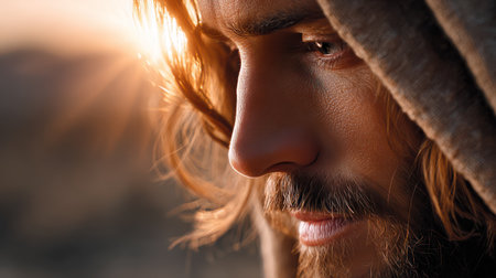Artistic portrait of Jesus Christ with long hair and beard bathed in golden sunset light.の素材