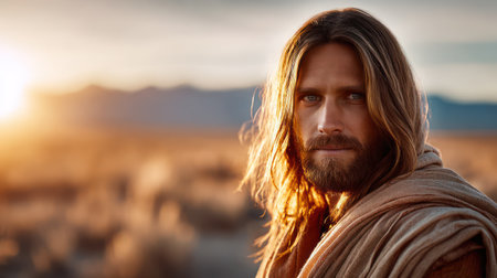 Artistic portrait of Jesus Christ with long hair and beard bathed in golden sunset light.の素材