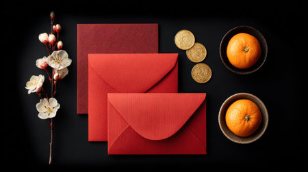 A striking, modern flat lay composition of essential Chinese New Year elements, featuring a vibrant red envelope with gold coins, a branch of red plum blossoms, and bright mandarin oranges against a bold black background, perfect for holiday greetings, cultural promotions, and festive advertisingの素材