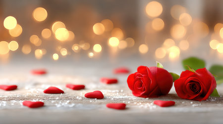 A tender close-up of deep red roses lying next to scattered heart-shaped petals on a textured white surface, set against a warm, blurred golden bokeh background, conveying deep love and passion, ideal for romantic greeting cards and intimate announcements.の素材