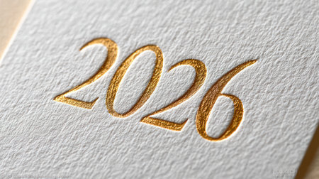 Sleek golden 2026 numerals on white textured fabric surface in minimalist elegant style.の素材