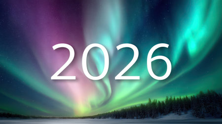 Number 2026 creatively emerging from luminous aurora borealis lights.の素材