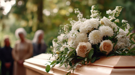 A solemn outdoor funeral scene features a wooden casket adorned with a large arrangement of white chrysanthemums and roses, with mourners blurred in the background.の素材