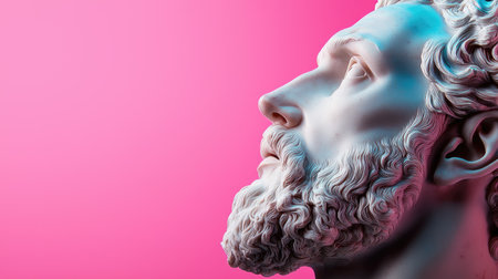 A weathered marble bust with artistic lighting against a vibrant pink background, emphasizing texture and history with a modern aesthetic.の素材