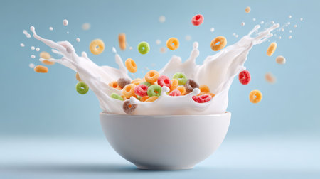 Golden cereal rings floating and splashing in white milk against a vibrant rainbow-colored gradient background.の素材