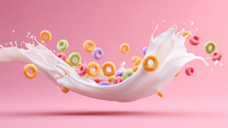 Golden cereal rings floating and splashing in white milk against a vibrant rainbow-colored gradient background.の素材