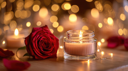 A warm and intimate close-up of a lit candle in a glass holder next to a deep red rose, set against a blurred background of warm golden bokeh lights, ideal for romantic dinner invitations, cozy lifestyle blogs, and intimate holiday marketing.の素材