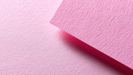 A minimalist, geometric close-up of textured pink paper with a sharp diagonal fold, creating a striking contrast between light and deep shadow. This abstract background is excellent for graphic design, stationery, and modern branding that requires a clean, geometric, and vibrant aesthetic.の素材