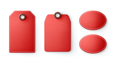 Three blank red price tags with string isolated on white background.の素材