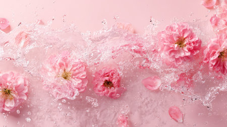 Pink flowers submerged and floating in transparent water creating swirling patterns with air bubbles and liquid motion.の素材