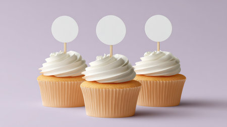 Vanilla Cupcakes with Blank Topper Mockup Display. A.I.の素材