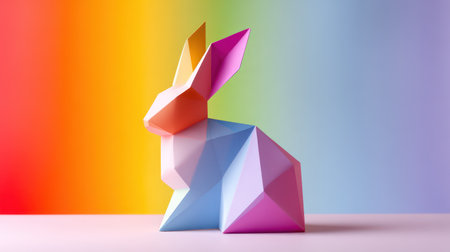 Striking, colorful, polygonal rabbit sculpture with a geometric design, perfect for modern Easter and spring promotions.の素材