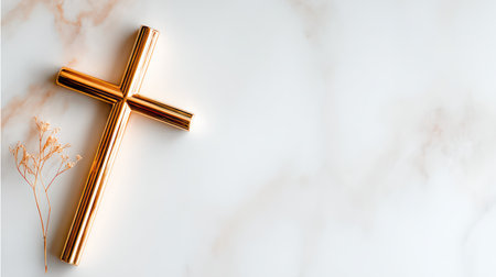 A small, elegant golden cross rests on a clean, white marble surface, creating a minimalist and luxurious composition that symbolizes faith, purity, and reverence. This image is ideal for high-end religious branding, Easter greeting cards, funeral programs, and spiritual luxury publications.の素材