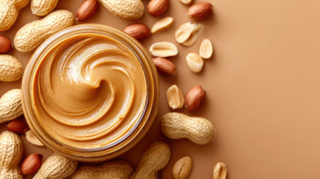 A flat-lay composition features a bowl of smooth peanut butter surrounded by whole peanuts, almond pieces, and drips on a clean white surface, evoking wholesome American snack culture.の素材