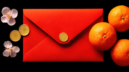 A striking, modern flat lay composition of essential Chinese New Year elements, featuring a vibrant red envelope with gold coins, a branch of red plum blossoms, and bright mandarin oranges against a bold black background, perfect for holiday greetings, cultural promotions, and festive advertisingの素材