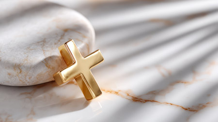 A small, elegant golden cross rests on a clean, white marble surface, creating a minimalist and luxurious composition that symbolizes faith, purity, and reverence. This image is ideal for high-end religious branding, Easter greeting cards, funeral programs, and spiritual luxury publications.の素材