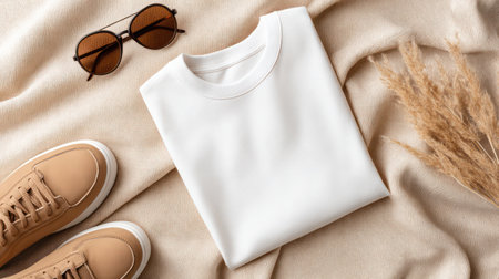 Stylish overhead flat lay featuring a neatly folded white t-shirt, pristine white sneakers, and chic gold-framed sunglasses arranged on a luxurious textured silver fabric. Accented with delicate dried eucalyptus branches. Perfect for fashion brands, summer collections, or luxury lifestyle content. Offers clean, sophisticated aesthetic ideal for branding, social media, or editorial use. Aligns with 2025-2026 trends in monochrome styling, quiet luxury, and elevated minimalism.の素材