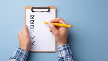 A top-down view of hands marking a fully checked paper checklist on a clipboard with a yellow pencil, set against a clean blue background, representing thorough task management, business planning, and organizational efficiency. This image is ideal for corporate training, project management, and productivity software marketingの素材