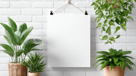A bright, modern interior mockup featuring a blank white paper poster hanging from a wooden rail on a textured white brick wall, flanked by potted indoor plants on a wooden shelf, ideal for art prints, graphic design showcases, and interior decor presentations.の素材