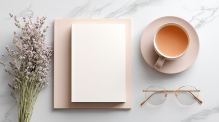 Top-down view of a clean, minimalist flat lay featuring a closed white book, elegant reading glasses, a cup of tea, and soft dried flowers on a luxurious marble background. Ideal for book cover mockups, branding, website headers, and social media visuals. Designed to evoke tranquility, focus, and modern elegance - perfect for 2025-2026 design trends in wellness and creative industries.の素材