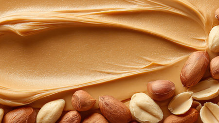 Abstract swirls of rich peanut butter intertwine with embedded whole peanuts on a textured base, creating a visually appealing macro view for food photography and recipe visuals.の素材