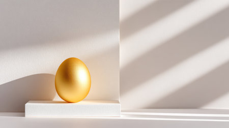 A striking, minimalist composition featuring a single golden Easter egg against a neutral beige wall, dramatically highlighted by a striped shadow, ideal for luxury brand marketing, modern product displays, and sophisticated Easter campaigns.の素材