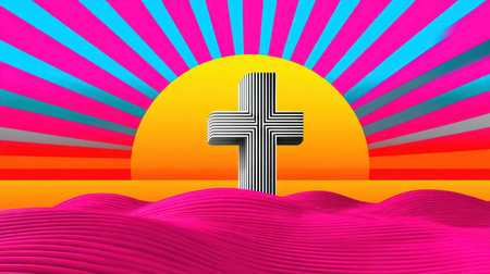 Striped cross rising against a radiant sunrise, symbolizing Easter resurrection and the triumph of light over darkness.の素材