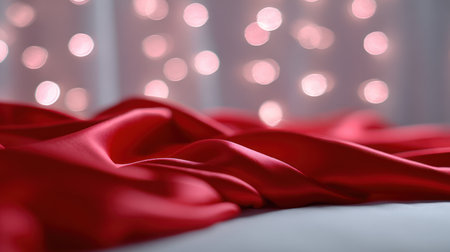 An elegant, close-up background of richly draped, silky red fabric with a soft focus and shimmering golden bokeh lights, conveying luxury and passion, ideal for high-end Valentine's Day marketing, romantic event invitations, and sophisticated product displays.の素材