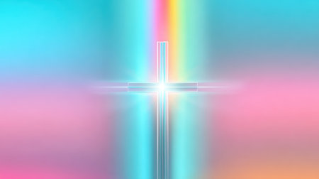 Ethereal glowing cross with a soft rainbow gradient background, symbolizing hope and divine light.の素材