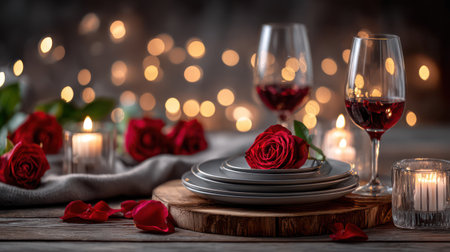 An intimate and warm close-up of a romantic dinner table set for two, featuring two glasses of red wine, red roses, and a soft, blurred background of golden candlelight bokeh, perfect for restaurant promotions, date night invitations, and romantic holiday marketing.の素材