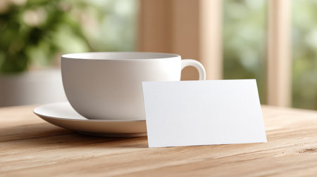 Clean, modern flat lay featuring a textured speckled ceramic mug beside a blank business card mockup, set against a warm wooden table with soft bokeh background. Ideal for branding agencies, freelancers, small businesses, or creative professionals seeking elegant, minimalist visuals. Offers ample copy space on the card. Aligns with 2025-2026 trends in tactile textures, professional wellness, and quiet luxury aesthetics.の素材