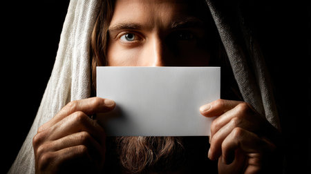 A dramatic, low-key close-up of Jesus Christ holding a blank white card over his mouth, with only his intense eyes visible, set against a dark, mysterious background, providing a powerful space for a custom message or quote. This image is perfect for religious quotes, sermon illustrations, and marketing with a spiritual theme.の素材