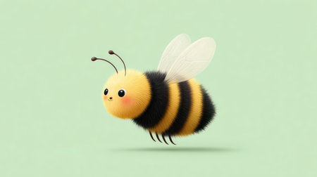An adorable, round, and extremely fluffy bumble bee cartoon illustration with large, innocent eyes, set against a smooth, pastel background with copy space. This charming image is perfect for children's designs, spring and summer marketing, nature conservation themes, and whimsical branding.の素材